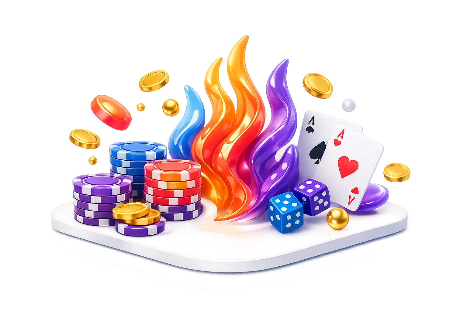 Glossy 3D render with floating poker chips, playing cards, and glowing gold coins on white background for Superaus.